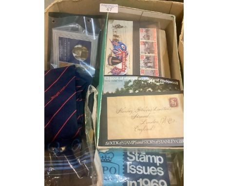 Box with selection of stamps incl. Great Britain FDC's, presentation packs, year packs and booklets. A Royal Mail tie, scarve