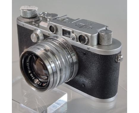 Leica copy Nicca 'Tower type 3' Rangefinder camera No. 34606 with Nikkor-H 1:2 5cm lens and leather Eveready case, lens with 
