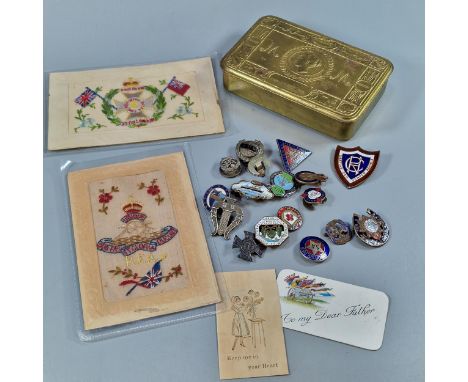 WWI Christmas tin to include: WWI silk postcards - R.F.A The Post Office Rifle Cities of London, collection of enamel badges 