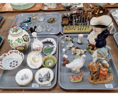 Four trays of ceramics, glass and metalware to include: resin figure group of Mary, Joseph and the Baby and the Donkey, Nao s