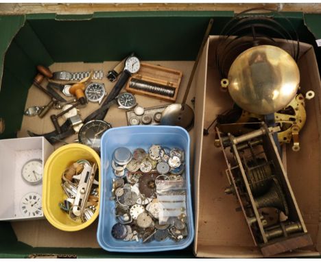 Box of watches, pocket watches, watch parts, clock mechanisms, watch faces, winders, alarm clock etc.  (B.P. 21% + VAT) 