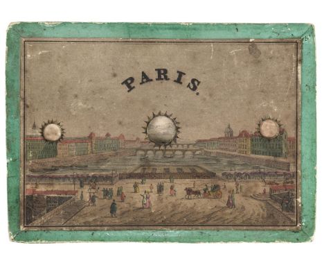 * Peepshow. Paris, circa 1832, five hand coloured divisions, accordion folding peepshow with three circular peep-holes, depic