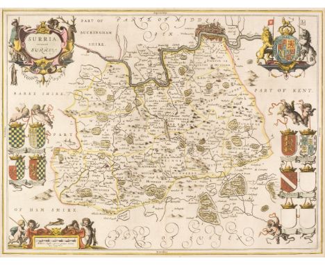 * Surrey. Jansson (Jan), Surria vernacule Surrey, Amsterdam, circa 1648, hand-coloured engraved map, decorative cartouche and