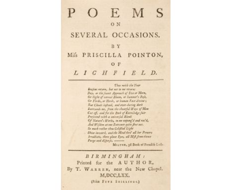 Pointon (Priscilla). Poems on Several Occasions, 1st edition, Birmingham: Printed for the author by T. Warren, 1770, half-tit