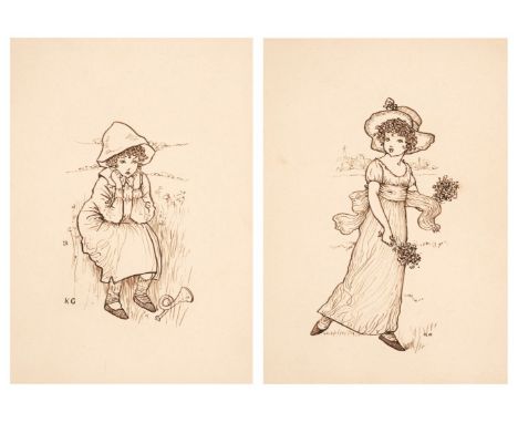 * Greenaway (Kate, 1846-1901). Flower Girl, brown ink on card, depicting a girl wearing a long dress with large sash and hat,