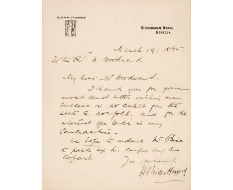 * Haggard (Henry Rider, 1856-1925). English author. Autograph Letter Signed, 'H. Rider Haggard', Ditchingham House, Norfollk,