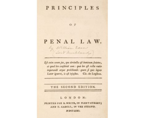 Eden (William). Principles of Penal Law, 2nd edition, London: B. White and T. Cadell, 1771, half-title, brown morocco, green 