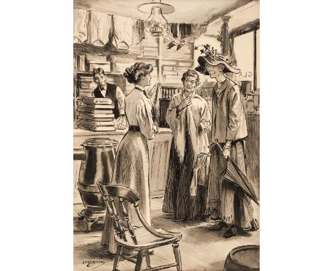 * Brock (Henry Matthew, 1875-1960). This Lady is Looking for Her Husband, pen, ink and wash on board, depicting three ladies 