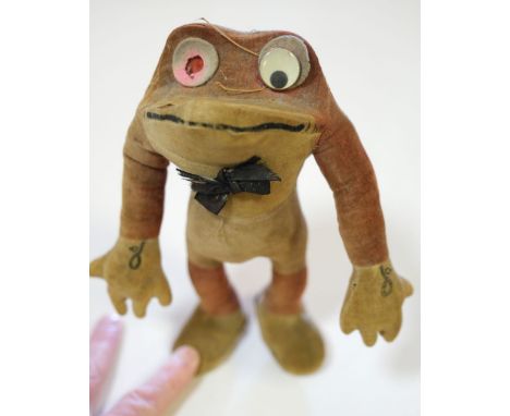 * Deans Rag Book Toy. Flip The Frog soft toy, 1920, orange and yellow velvet frog, celluloid eyes (one missing, the other det