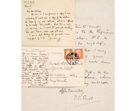 * Eliot (Thomas Stearns, 1888-1965). Autograph Letter Signed, 'T.S. Eliot', The Criterion, 21 April 1938, to Julian [Morrell]