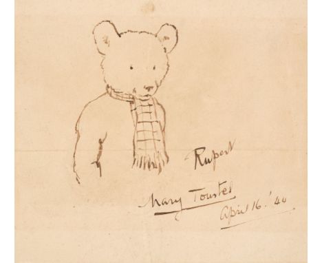 * Tourtel (Mary, 1897-1948). Rupert, April 16, 1944, sepia pen &amp; ink on paper, half-length portrait of Rupert the Bear we