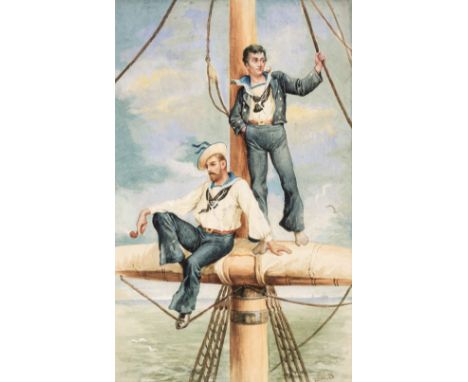 * Browne (Tom, 1872-1910). Sailors, watercolour, depicting two well-dressed sailors, one standing on the yard leaning against