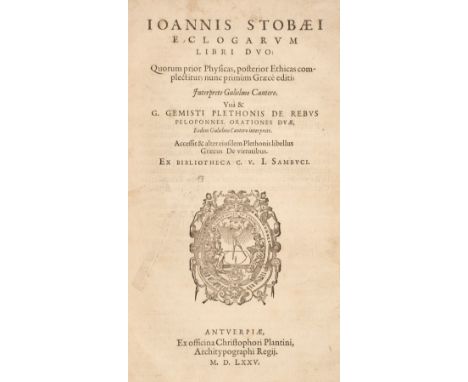 Stobaeus (Johannes). Eclogarum libri duo, quorum prior physicas, posterior ethicas complectitur nunc primum Graece editi. Una