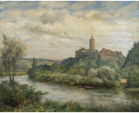 Emil Fröhlich, Burg Schönburg bei Naumburgsommerliche Ansicht der auf hohem Bergsporn über der Saale thronenden Burg Schönbur