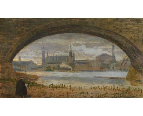 Karl Naumann, "Dresden Altstadt"Blick unter der Marienbrücke hindurch, mit Rückenansicht eines sitzenden Malers, zum Altstädt