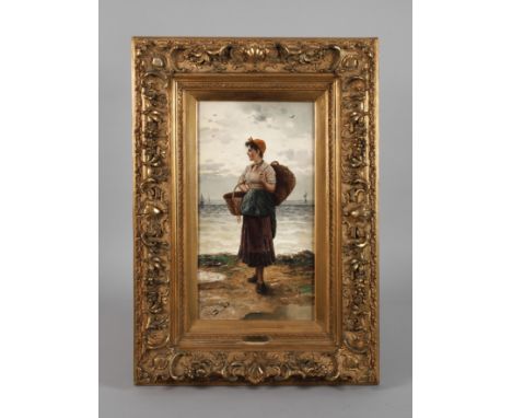 Frederick Reginold Donat, Muschelsucherinjunge Frau mit Körben und Netzen an der Küste stehend, unter locker bewölktem Himmel