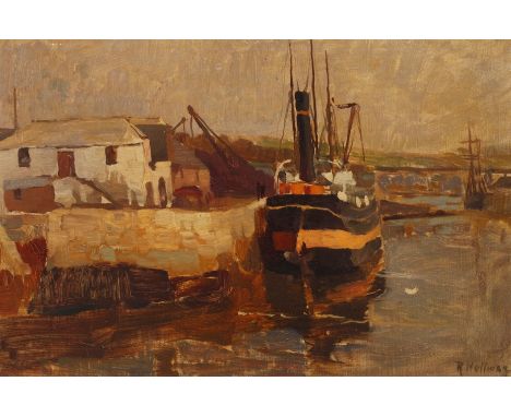 Rudolf Hellwag, "Hafen in Cornwall"kleiner Hafen mit angelegtem Schiff in leicht hügeliger Landschaft, teils lasierende Maler
