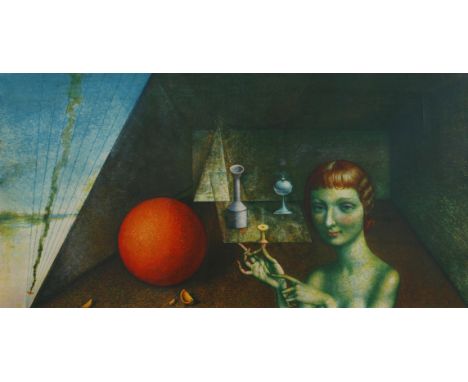 Prof. Rudolf Hausner, "Penelope"junge Frau im Interieur mit diversen Gegenständen, siehe Werksverzeichnis Huber 38, Farbsiebd