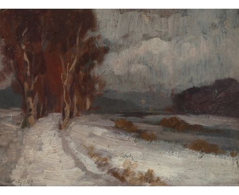 Emil Fröhlich, "An der Rennbahn"Blick auf eine Birkenallee in verschneiter Landschaft, im dämmrigen Licht des zur Neige gehen