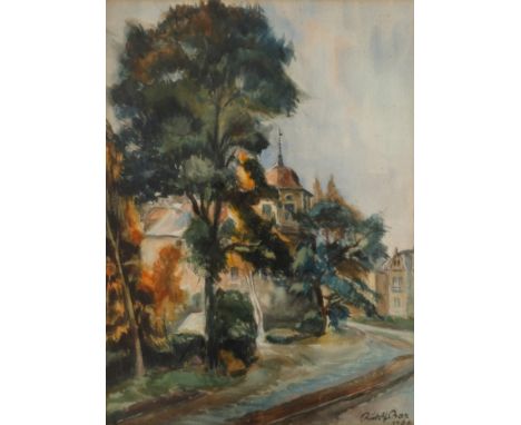 Rudolf Bax, Am SchlossBlick auf ein hinter Bäumen stehendes kleines Schloss an einer Straße, Aquarell, rechts unten signiert 