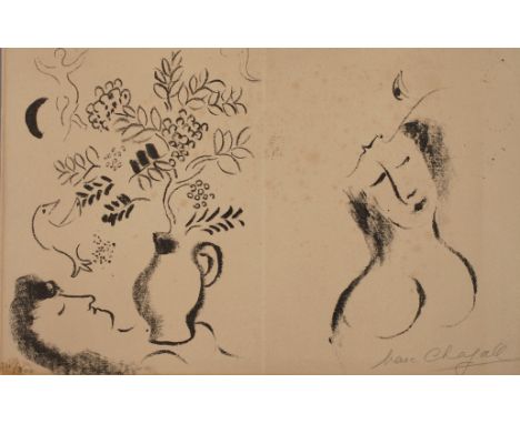 Marc Chagall, "Vase aux Amoureux"Komposition aus Blumenstrauß und Frauenportraits, mit wenigen gekonnten Strichen angelegte A