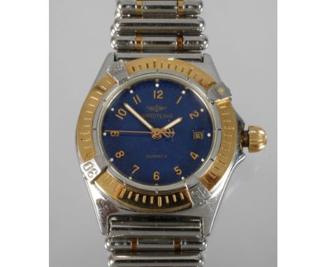 Damenuhr Breitling CallistinoSchweiz, um 1990, Ref. B 80560, Quarzwerk, Edelstahlgehäuse mit Lünette aus 18 k Gold, blaues Zi
