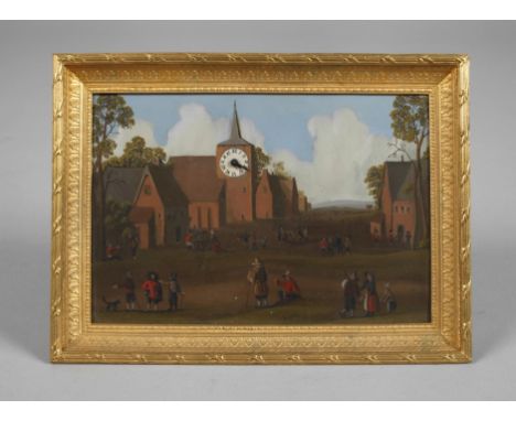 Kleine Bilderuhr Biedermeierwohl Anfang 19. Jh., feiner klassizistischer Rahmen aus vergoldeter Bronze, darin Miniaturmalerei