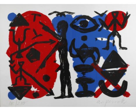 AR Penck, Figurative KompositionArrangement aus für den Künstler typischen Figuren und Zeichen, Farbsiebdruck, um 1990, unter