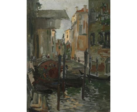 Emil Fröhlich, "Venedig"von hohen Häusern gesäumter Kanal mit einigen Gondeln, leicht pastose Malerei in abgestimmter Farbigk