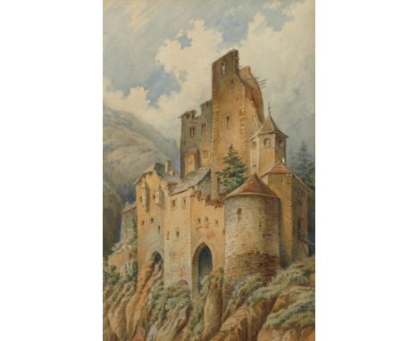Prof. Richard Knötel, Burg Tauferssommerliche Ansicht des Eingangs zur Burg Taufers mit teils eingestürztem Breitem Turm, Pal