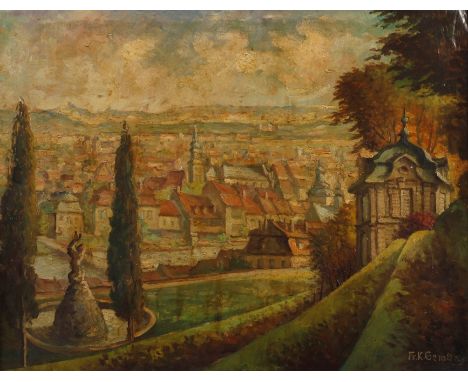 Karl Gembs, Ansicht Bambergsommerlicher Blick von den barocken Gartenanlagen, mit dem als Liebeslaube des Abtes dienenden nor