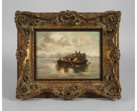 Friedrich Karl Thauer, Heutransport am Chiemseehoch beladener Kahn mit Bauern, bei der Überfahrt auf stillem See, gering past