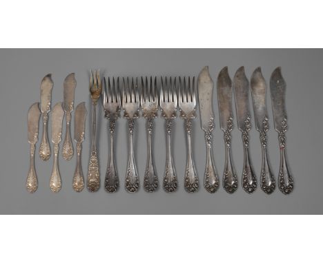Silber Fischbesteck USA20. Jh., Silber gestempelt Sterling, Pat.(ent) 1898, Herstellermarke RW &amp;amp; S für R. Wallace &am