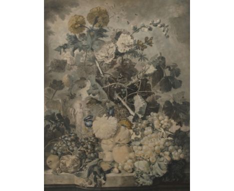Richard Earlom, Blumenstückprachtvolles Arrangement aus Blumen, Früchten, Tieren und weiteren Objekten, dezent kolorierte Mez