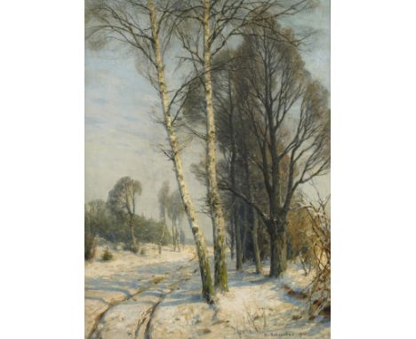 Karl Schuster, attr., Spuren im Schneevom Schnee bedeckter und von Bäumen gesäumter Weg mit Wagenspuren, im hellen Sonnenlich