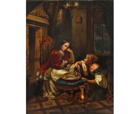 Isidor Kleine, attr., "Zwei Mädchen in der Silvesternacht"Blick ins abendliche herrschaftliche Interieur mit zwei vornehm gek
