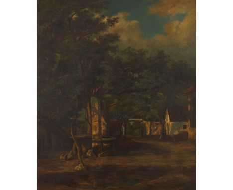 Jules Dupré, Am Dorfbrunnensommerlicher Dorfplatz mit Brunnen unter Schatten spendenden Laubbäumen, pastose Landschaftsmalere