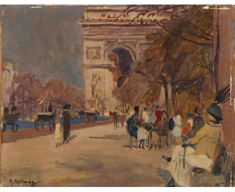 Rudolf Hellwag, Am Arc de Triomphe de l’Étoilebelebter und mit Pferdekutschen befahrener Platz vor dem Arc de Triomphe de l’É