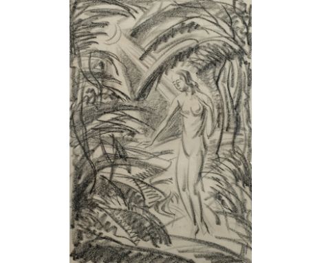 Alfred Hanf, Mädchenaktin einem Wald stehende und von Sonnenstrahlen beschienene nackte junge Frau, Kreidelithographie, um 19