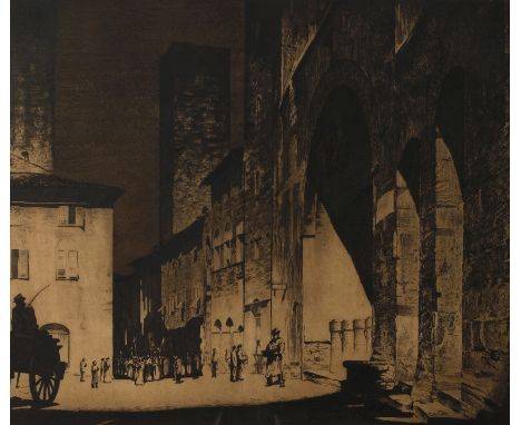 Carl Walther, "Piazza Duomo in San Gimignano"buntes Treiben vor dem Torre Rognosa und dem Palazzo del Podestá an der Piazza d