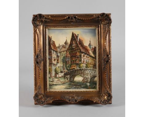 Klaus Rochel, "Alt Nürnberg"sommerliche Altstadtszene mit Fachwerkhäusern und Brunnen am Flussufer mit Brücke, gering pastose