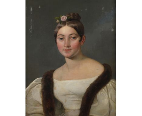 Albert Theer, attr., Biedermeier-Dame mit PelzkrawatteBrustbildnis einer jungen Frau mit rosengeschmücktem, zum Chignon gefor