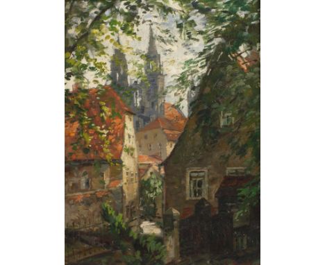 Emil Fröhlich, Der Burgberg in MeißenPartie aus der Altstadt von Meißen mit dem Burgberg im Hintergrund, stimmungsvolle Maler