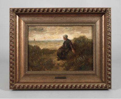 Jozef Israels, Sinnendes Mädchen am Meerjunge, in den Dünen sitzende Frau, sinnend aufs abendliche Meer blickend, pastose Gen