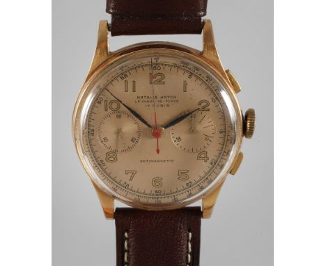 Chronograph Natalis Watch Gold Schweiz, 1950er Jahre, auf dem vergoldetem Ziffernblatt gemarkt Natalis Watch - La Chaux de Fo