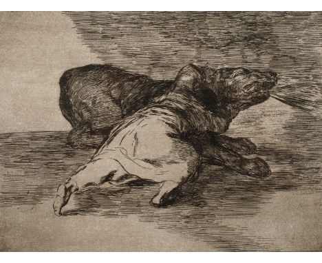 Francisco de Goya, "Algun partido saca"Mann im Kampf mit einem Raubtier, Blatt aus der Folge "Los Desastres de la Guerra", si