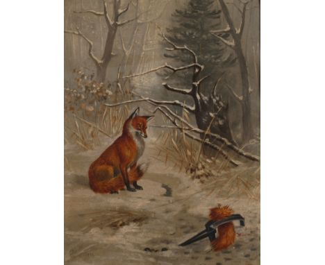 Fuchs im SchneeRotfuchs in tiefverschneiter Waldlandschaft mit Fuchsfalle im Vordergrund, meist flache Tiermalerei, Öl auf Ka