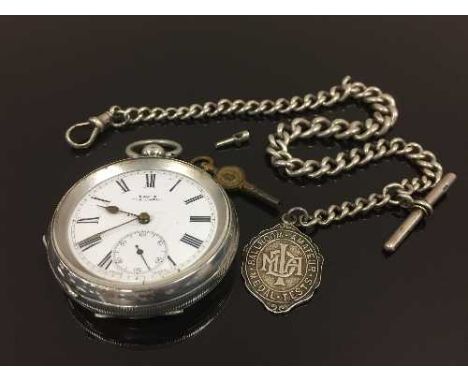 A silver pocket watch 'Kay's Triumph', together with a graduated silver chain with medal fob titled 'Ballroom Amateur medal t