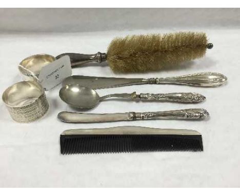 A silver napkin ring, Sheffield 1953, together with a sterling silver napkin ring and five items each mounted in silver. (7) 