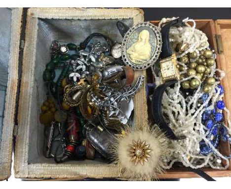 A collection of vintage costume jewellery, wrist watches etc, contained within two boxes. (Q) CONDITION REPORT: Various items